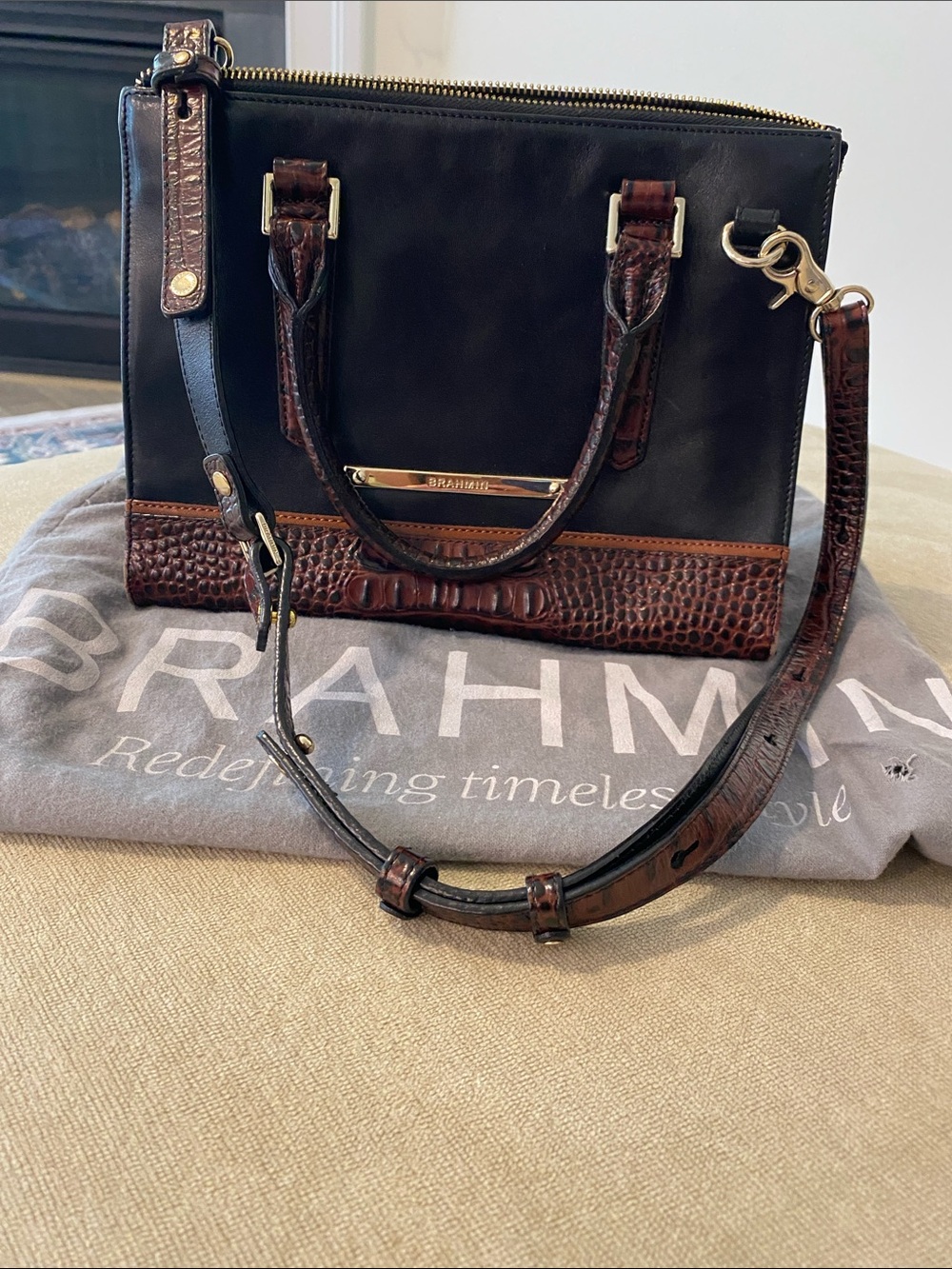 Brahmin Black and Brown Leather Satchel with Croc-Embossed Trim
